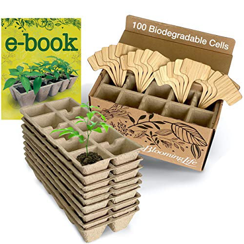 10 Germination Trays x 10 Biodegradable Pots for Seedlings Bonus 20 Bamboo Markers and Gardening Book Included 100 Cells 100% Natural and Compostable Blooming Life Seedling Starter Tray Set 